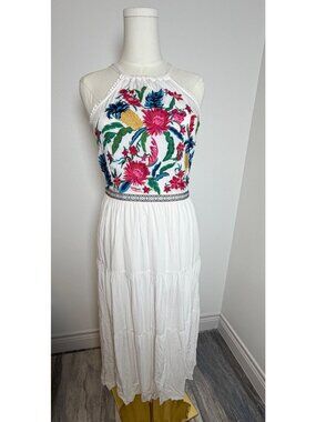 Solitaire Chic Floral Embroidered Sleeveless Maxi Dress Boho Tiered Halter Neck